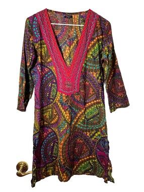 Azulu Colorful Print Beaded Cotton Summer Dress Kurta Tunic Women’s Sz M NWT